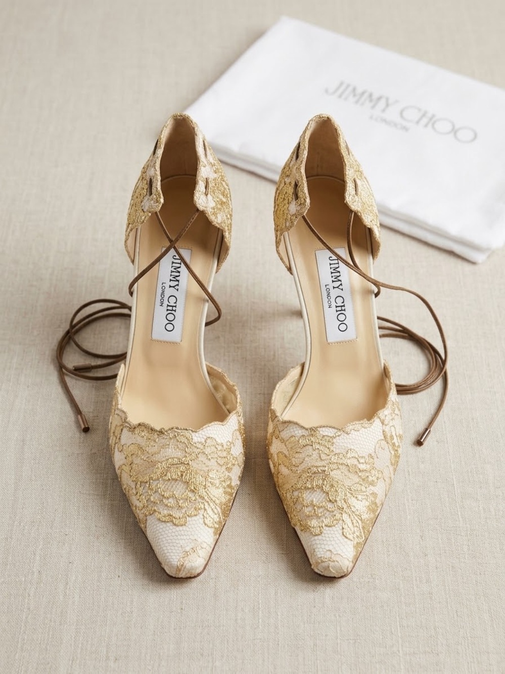 Jimmy Choo Gold Lace Pointed-Toe Ankle Tie Pumps